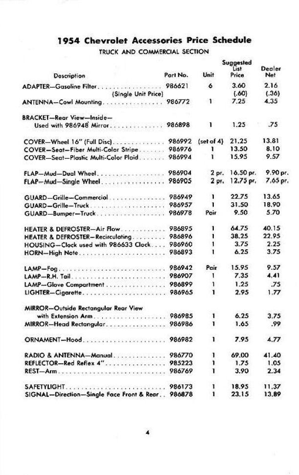 1954 Chevrolet Accessories Price List Page 4